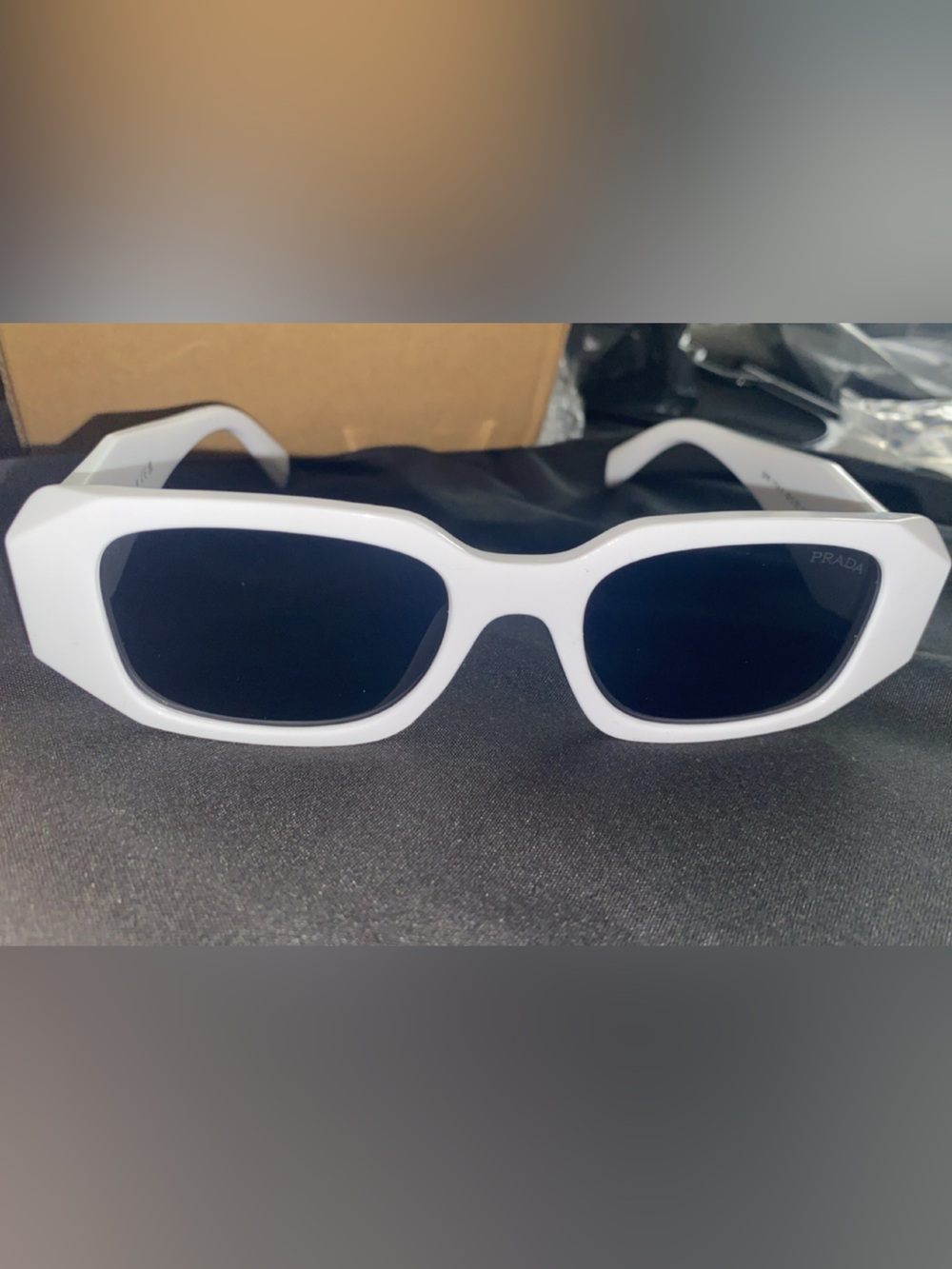 Prada White Rectangular Sunglasses with Black Lenses